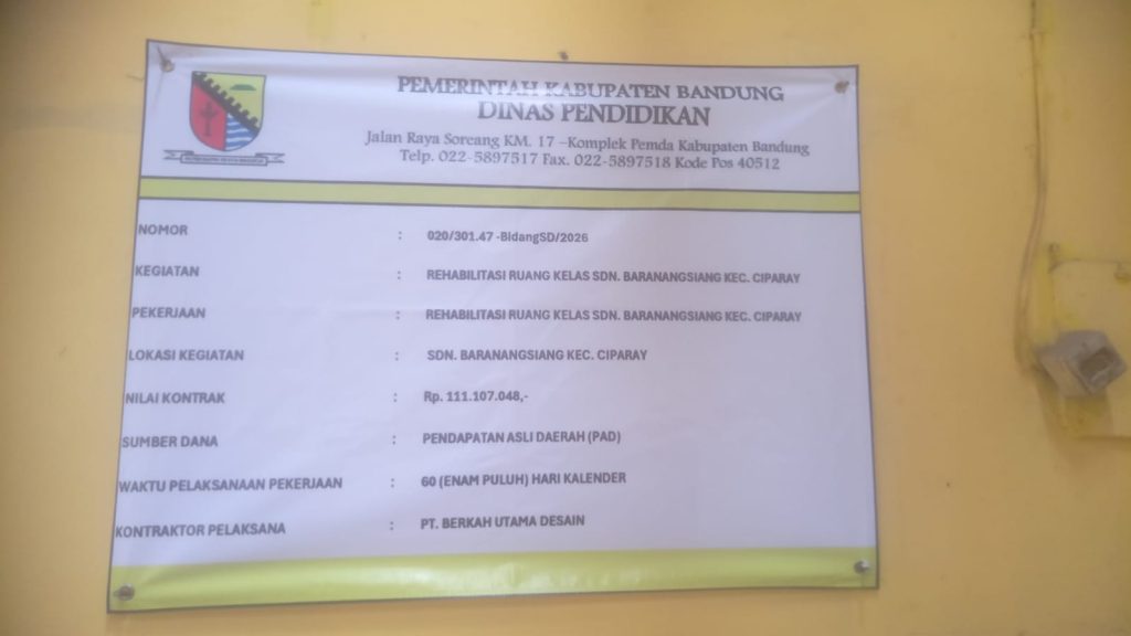 Rehab Ruang Kelas SDN Baranangsiang Rp111 Juta Disorot: Pelaksana Lapangan PT Berkah Utama Desain Diduga Abaikan Konfirmasi Ormas/Media, Pengawasan Disdik Kab Bandung Diminta Diperketat